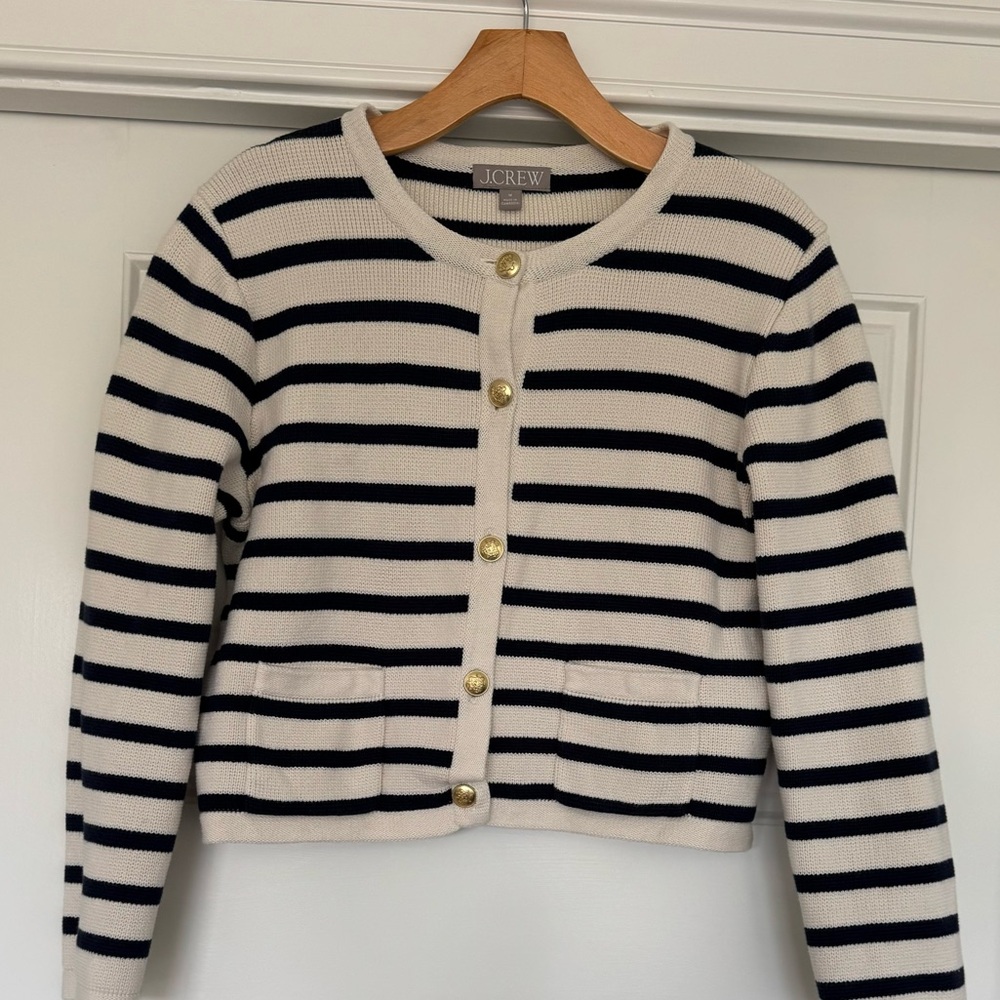 J. Crew Navy and Cream Striped Button-Front Cardigan